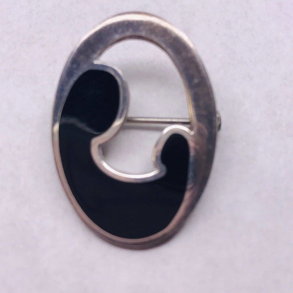 JS Sterling Silver Brooch Pin Black Inlay Stone Swirl Mother Child